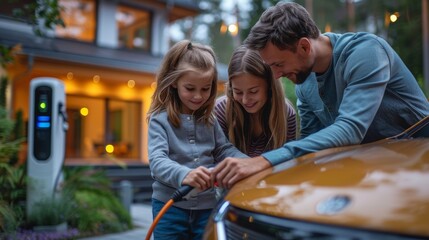 Progressive young parents and daughter with electric vehicle and home charging station - 766562040
