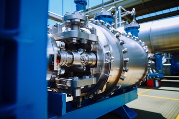 Fototapeta premium Industrial scenery featuring a pressure vessel head at the heart of a complex mechanical system