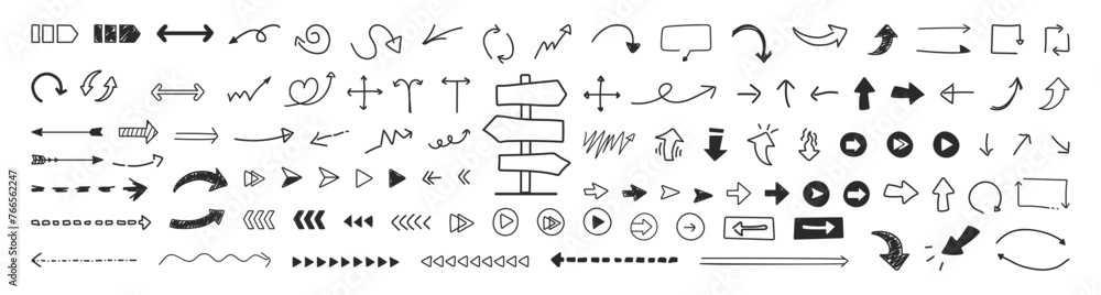 Aufkleber collection hand drawn arrows. set simple arrows isolated on white background. doddle arrow set