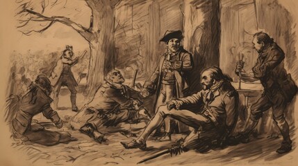 A group of men are sitting around a table, one of them is holding a sword. Scene is one of camaraderie and adventure, as the men are gathered together to share stories and enjoy each other's company