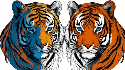 Two tigers heads facing forward, mostly colored. 
