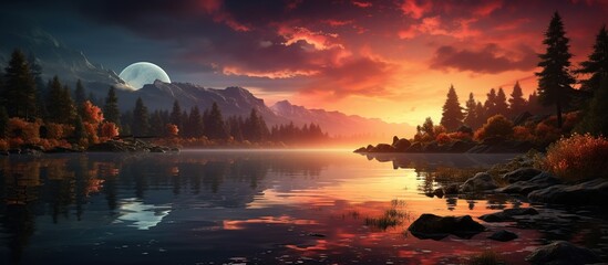 Fantastic sunset over the lake in the mountains.