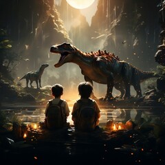 Illustration painting of Dinosaurs sitting with a boy, digital painting