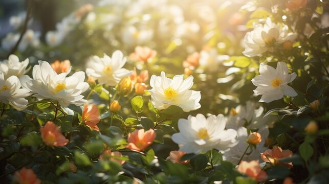 Beautiful white flower in the garden with sunlight background, stock photo