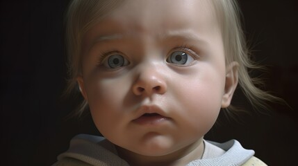 a close up of a baby s face with a serious look on his face