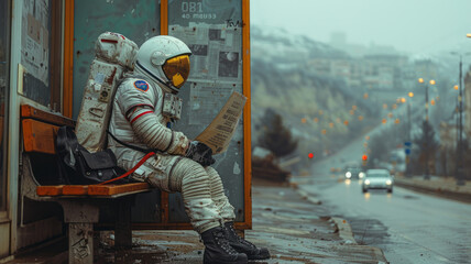 Astronaut at bus stop captivates student.generative ai