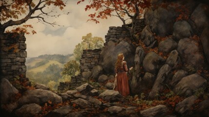 A woman in a red dress stands in front of a wall of rocks. The scene is set in a forest with a rocky hillside in the background. The woman is looking up at something, possibly a bird or a tree