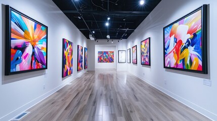 A contemporary art studio with black frame mockups exhibiting vibrant abstract paintings.