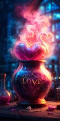 Love potion where the heart is evaporating in smoke. - obrazy, fototapety, plakaty