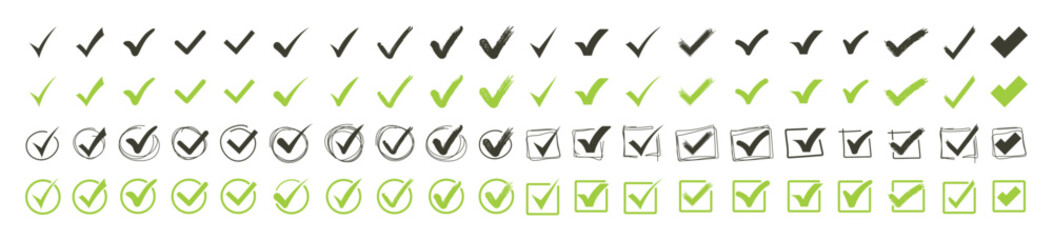 Green check mark and red cross icon set, circle and square. Tick symbol in green color. Hand drawn checkmark illustration © Pavlo