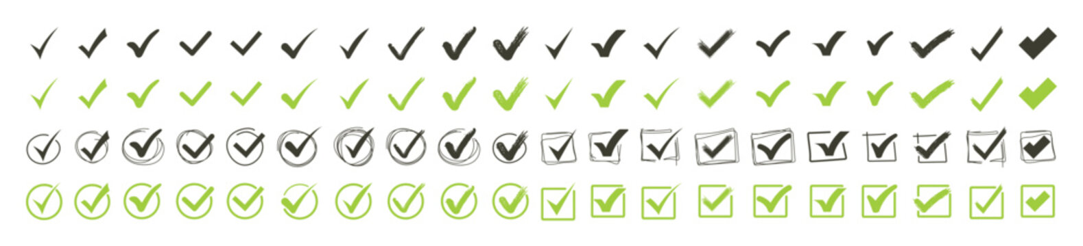 Green check mark and red cross icon set, circle and square. Tick symbol in green color. Hand drawn checkmark illustration
