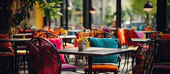 A vibrant restaurant with tables and chairs adorned with colorful pillows, creating a cozy and inviting atmosphere for guests to enjoy their dining experience