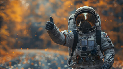 an astronaut standing on the roadside. Holding his thumb up for hitching.generative ai - Powered by Adobe