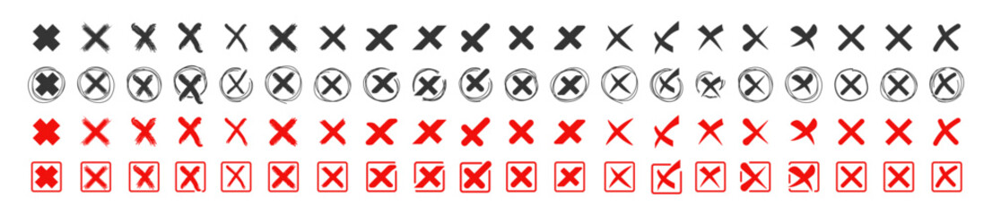Red cross x vector icon set. No wrong symbol. Delete, vote sign. Tick symbol in red color - obrazy, fototapety, plakaty
