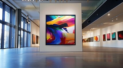 A contemporary art gallery featuring a large frame mockup displaying a striking abstract painting.