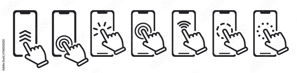 Poster hand touch screen smartphone. click on the smartphone. electronic device art. touch screen icons