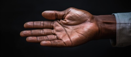 A detailed view of a person's hand captured up close against a dark black background