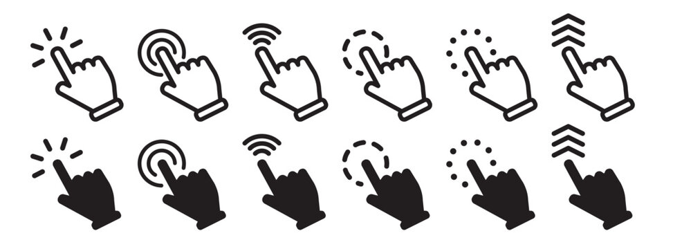 Vector hand cursors icons click set. Pointer cursor сomputer mouse icon. Clicking cursor, pointing hand clicks icons