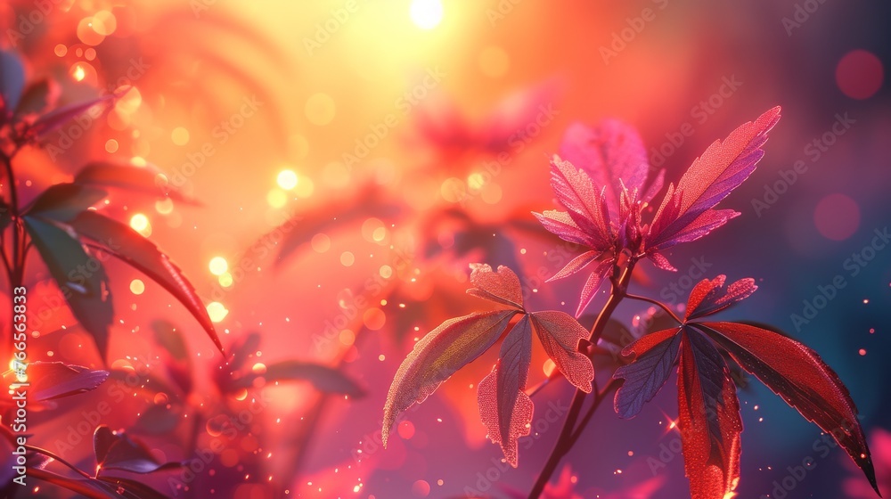 Poster magical depiction of delicate plants bathed in twilight's glow, with leaves sparkling against a boke