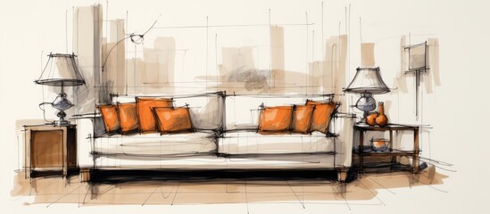 A drawing of a living room in a house with a wood couch, lamps, and hardwood flooring. The room is a rectangle with a tree outside the window