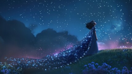 Fototapeta na wymiar A beautiful girl in a blue long dress stands with butterflies digital art, painting, anime, art, Graphics