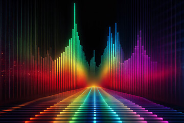 Music digital rhythms pathway a vibrant visualization of sound waves across a pixelated spectrum of colorful  neon lights on black background