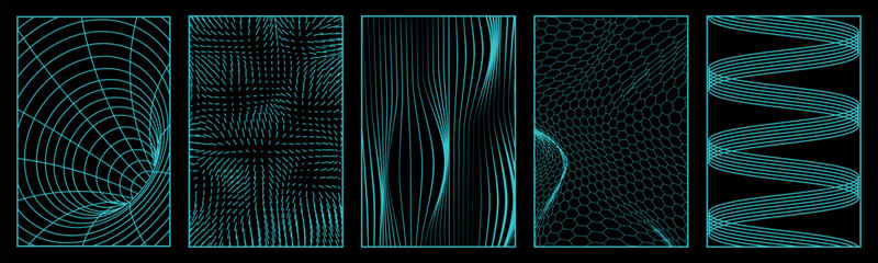 Geometry wireframe grid and tunnel circle. Rave psychedelic retro futuristic set. 3D abstract posters, patterns, elements isolated on black background.