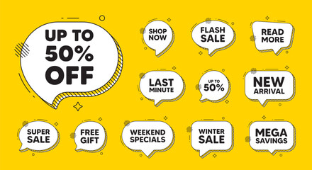 Obraz premium Offer speech bubble icons. Up to 50 percent off sale. Discount offer price sign. Special offer symbol. Save 50 percentages. Discount tag chat offer. Speech bubble discount banner. Vector