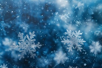 Fototapeta na wymiar Blue Sparkling Winter Wonderland Background, Snow, Snowflakes, Bokeh, Horizontal Christmas Illustration. 