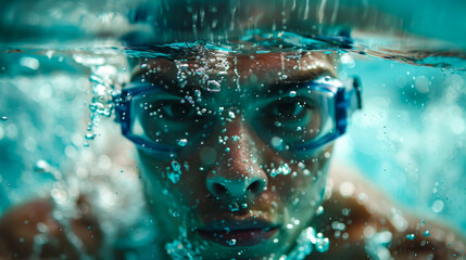 Close-up of a swimmer submerged in water, wearing goggles, focused before a race.