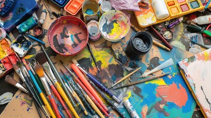 A colorful array of art supplies scattered across a table, beckoning students to unleash their creativity on blank canvases.