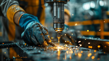 a guy in gloves at a factory behind a machine drills holes in iron corners,generative ai