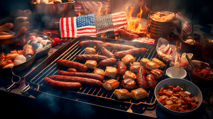 a barbecue, family reunion barbecue, 4th of july barbecue, 4th of July barbecue - obrazy, fototapety, plakaty