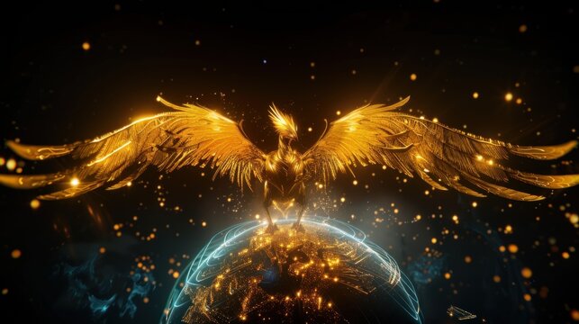phoenix spreading its wings and standing on a globe  with golden feathers