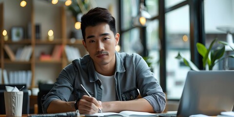 An Asian man takes notes during a therapy session seated at a desk with a laptop. Concept Therapy session, Asian man, Taking notes, Desk, Laptop - obrazy, fototapety, plakaty