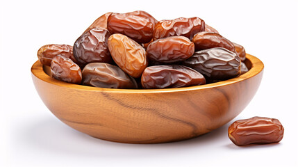 Obraz premium Dates in a wooden bowl isolated on white background