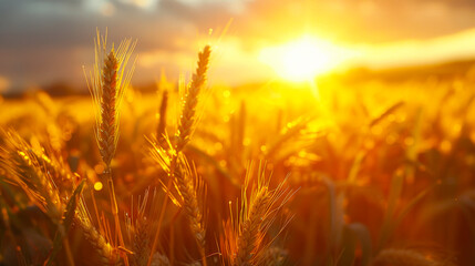 Golden Wheat Field at Sunset Sunlight on Harvest Crop
