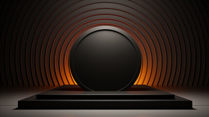 3D Black geometric stage podium. Dark background.

