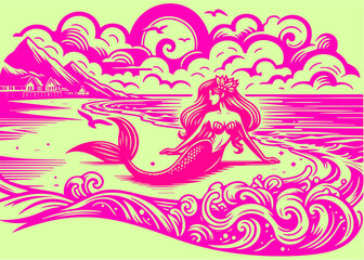 Fototapeta na wymiar 人魚姫と海辺と朝日をアメリカンポップで表現したオシャレなイラストレーション