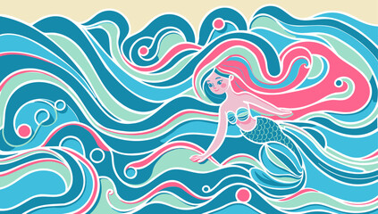 人魚姫と海をテーマにアメリカンポップで表現したオシャレなイラストレーション - obrazy, fototapety, plakaty