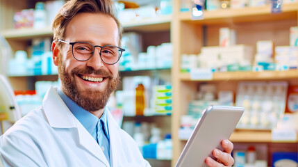 Smiling male pharmacist with tablet in a pharmacy, healthcare concept - obrazy, fototapety, plakaty