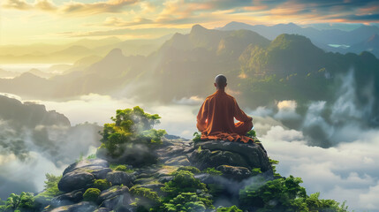 Tibetan monk meditating on rock above a panoramic view of mountains