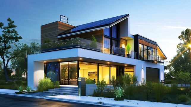 Architectural Marvel: Sustainable Modern House with Advanced Solar Panels and Ground Source Heat Pump System.