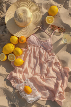 pastel pink beach towel with minimal white stripes lying on the sand, adorned with lemon and orange slices, a straw hat, sunglasses in an open bag, flipflops beside it, a small glass of water