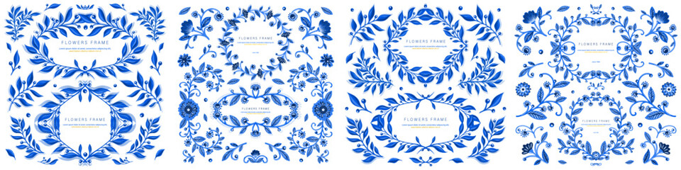 Illustration set with blue gzhel floral motif  - obrazy, fototapety, plakaty