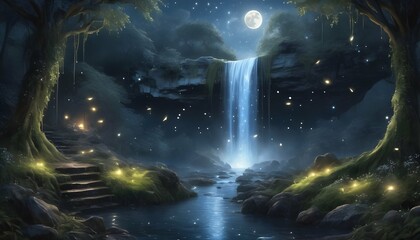 Spellbinding Moonlit Waterfall Surrounded By Ethe