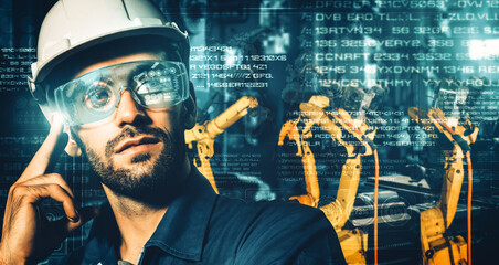 XAI Smart industry robot arms for digital factory production technology showing automation manufacturing process of the Industry 4.0 or 4th industrial revolution and IOT software to control operation.