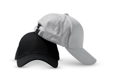 Two Baseball Caps in Black and Gray on a White Background Showcasing Casual Headwear