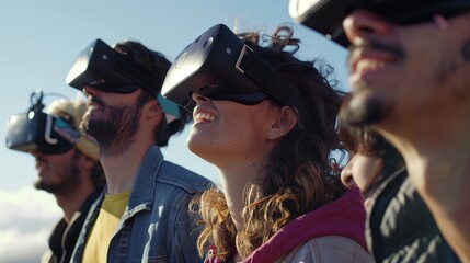 Group of people in vr very excited looking up