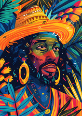 Vibrant artwork of a man with facial hair, straw hat, and earrings